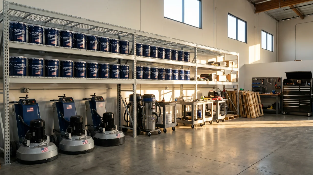 Epoxy Flooring Orange County installer staging area with coating pails and diamond-grinding equipment
